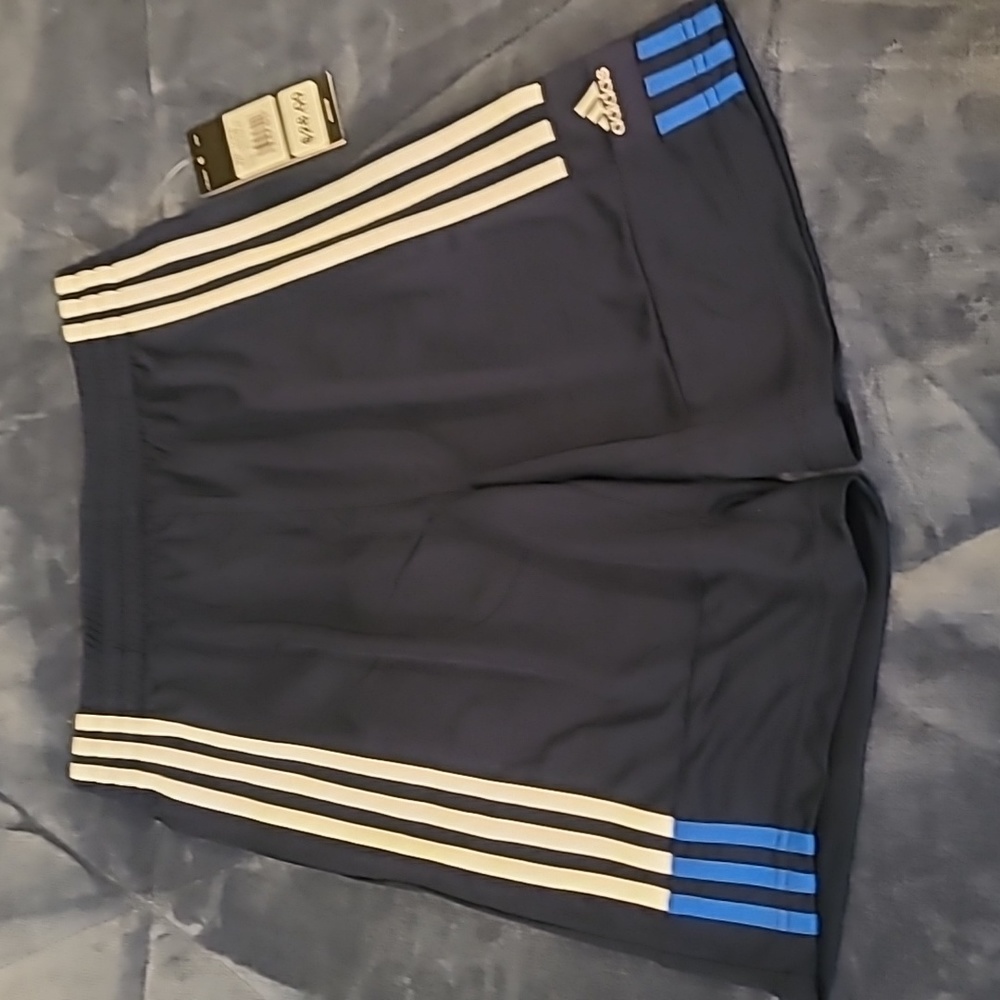 Adidas boys shorts, YL (14/16), navy with white and royal stripes